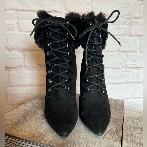 Qupid Lace-up Faux Fur Suede Booties - Picture 2 of 6